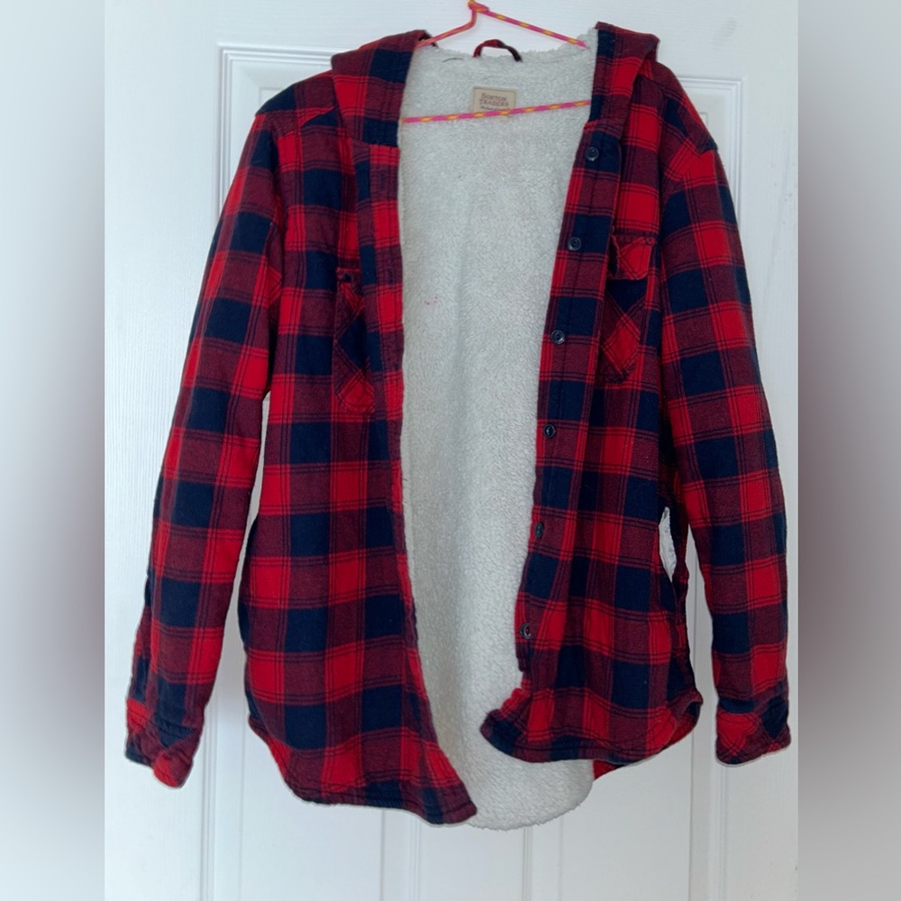 Fuzzy Flannel Button Up With Hood - image 1